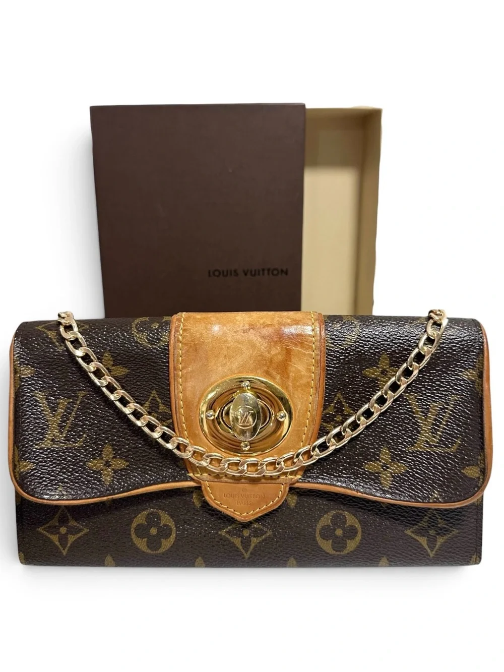 Louis Vuitton Monogram & Vachetta Leather Bowtie Sarah Wallet on Chain with Box